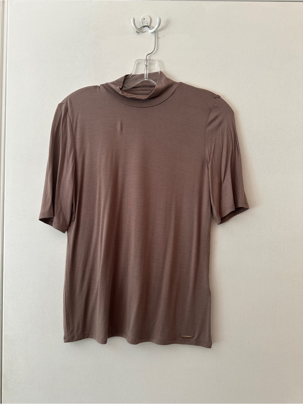 Calvin Klein Liquid Jersey Short-Sleeve Mock Neck Top in Taupe
